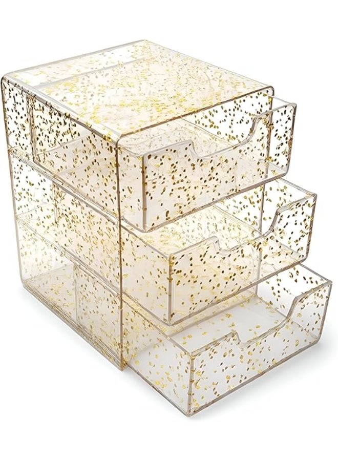 منظم أدراج أكريليك شفاف تسمح للك رؤيه ما بداخله  بثلاث ادراج مع نقاط ذهبية لامعة، لتخزين والمجوهرات،ويمكن استخدامه في اي مكان ومتعدد الاستخدامات وسهل التنظيف - Image 1